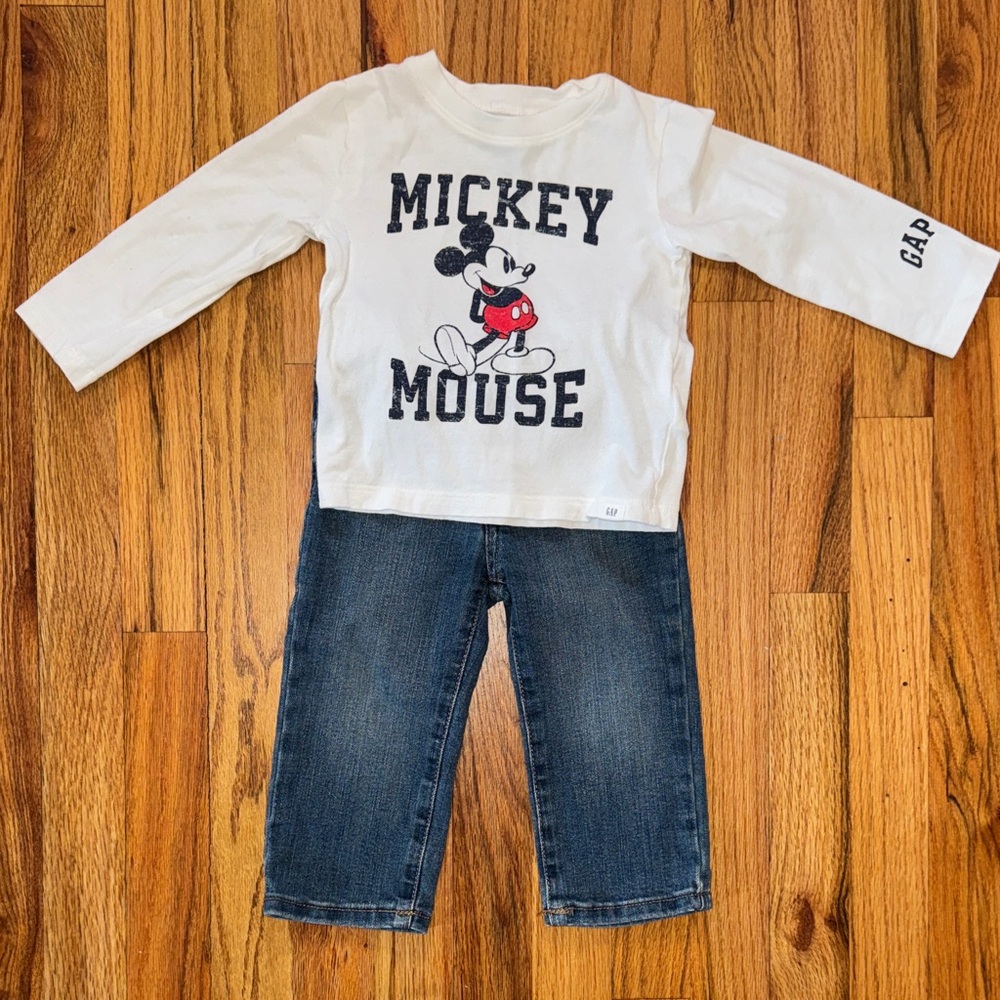 GAP Kids Mickey Mouse Long Sleeve Tee and Adjustable Stretchy Straight Jeans